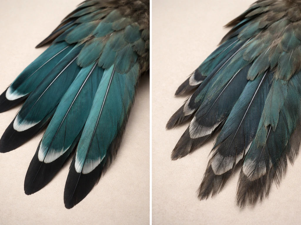 Close-up side-by-side feathers on a bird wing: fresh clean plumage beside worn frayed tips