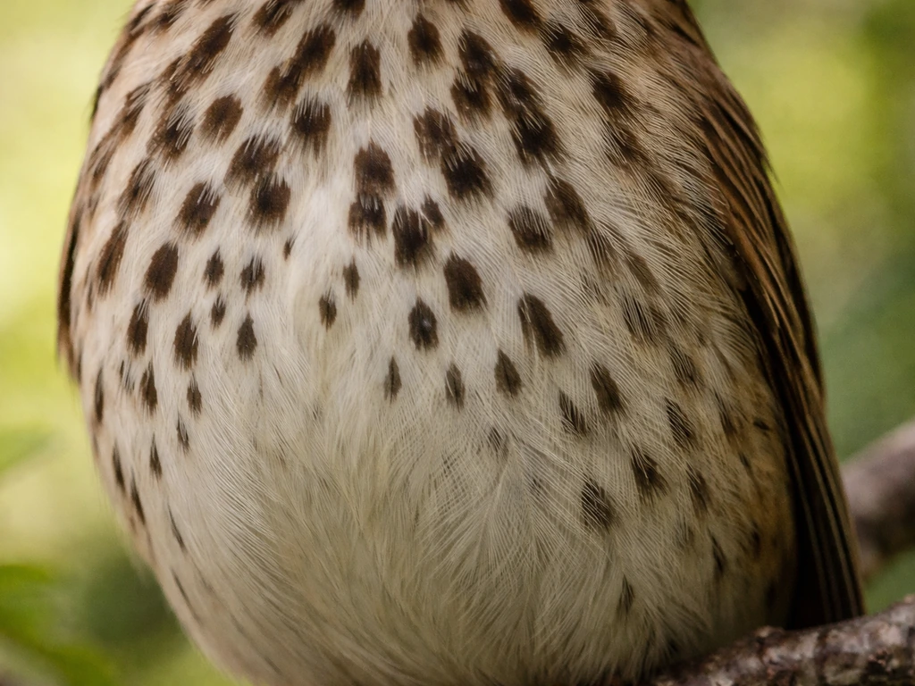 Close-up of a bird’s underfeathers showing camouflage spots and streaks with clear density contrast.