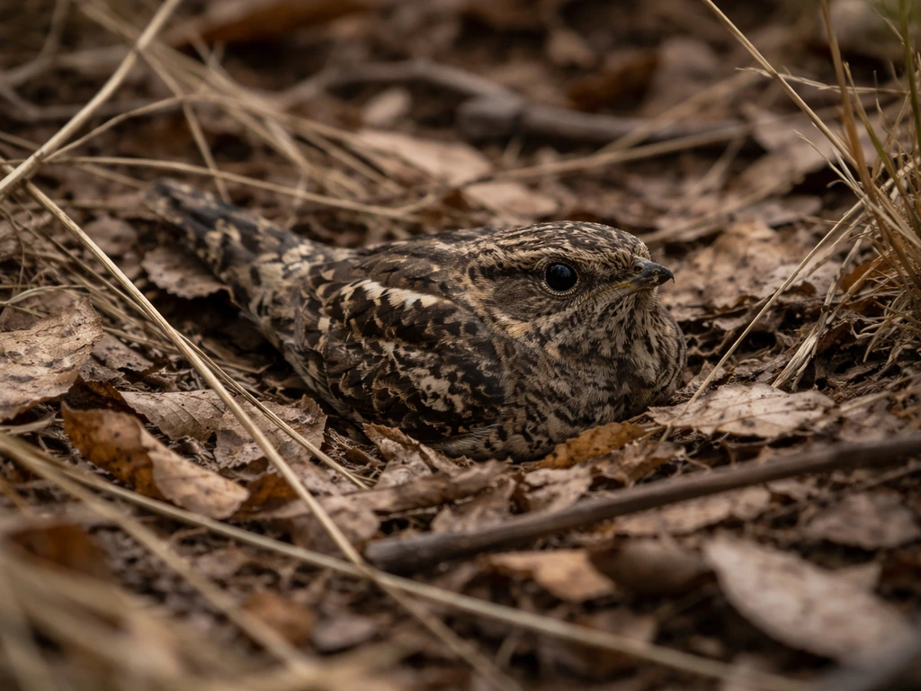 A camouflaged bird blends into leaf litter and grass, its mottled plumage hard to spot.