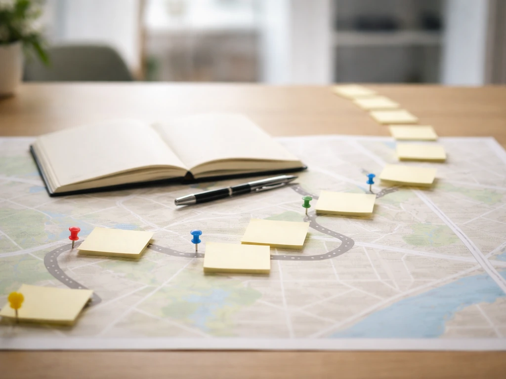 Minimal business desk with a pinned route map metaphor for tracking and follow-up.