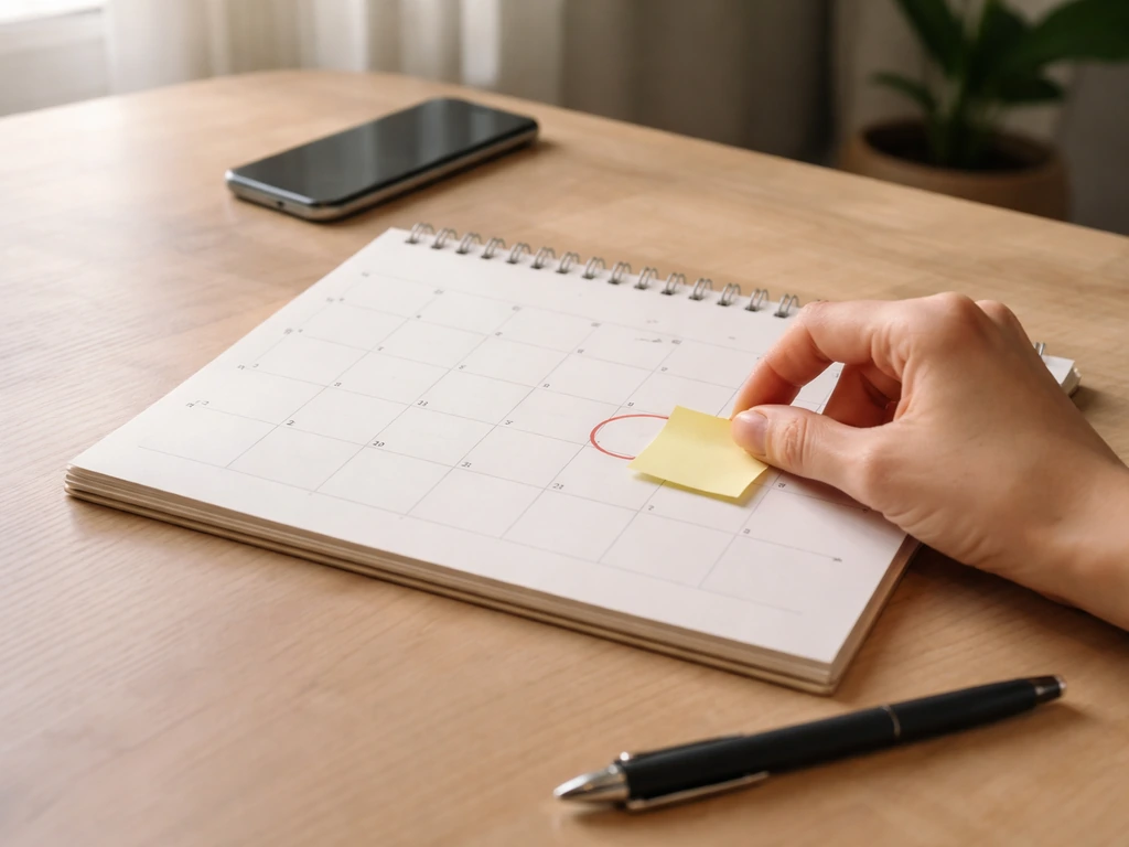 Close-up of a hand placing a sticky note on a desk calendar beside a phone, showing persistent follow-up.