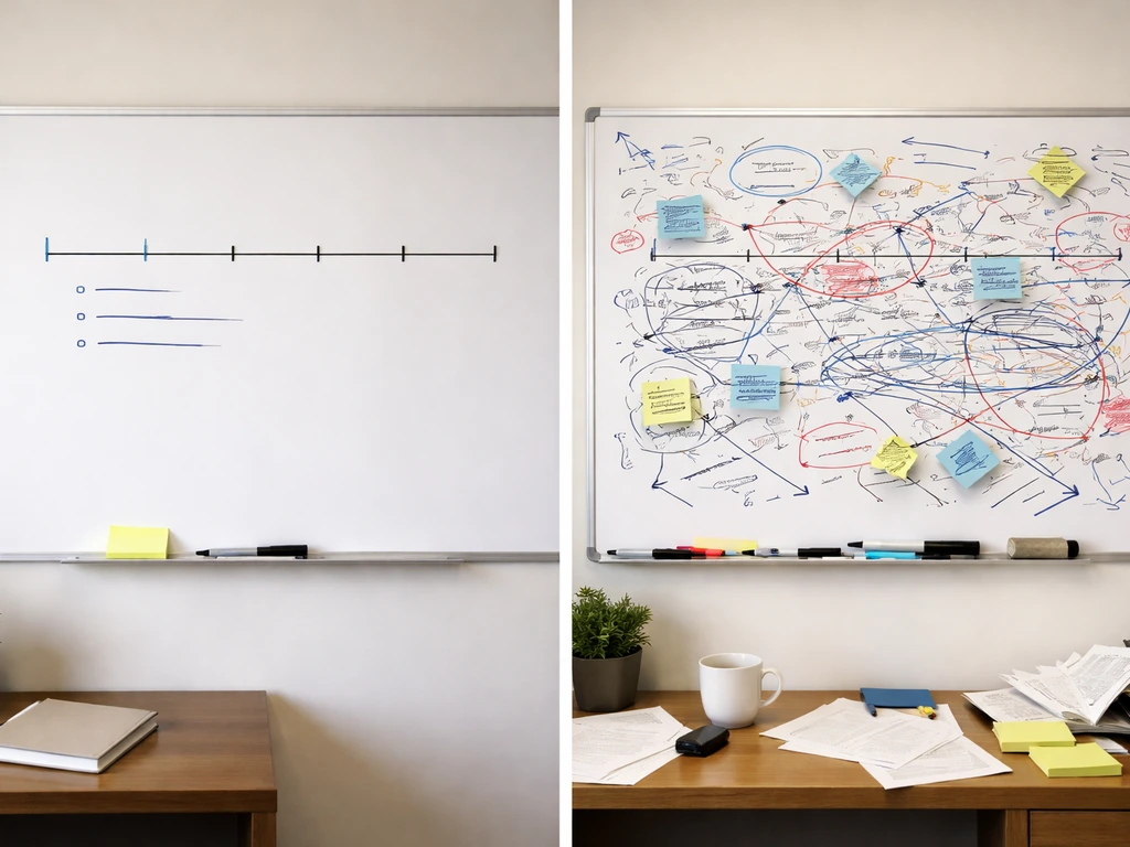 Split view of two whiteboards: neat, structured timeline vs messy aggressive scribbles, no people, office desk.