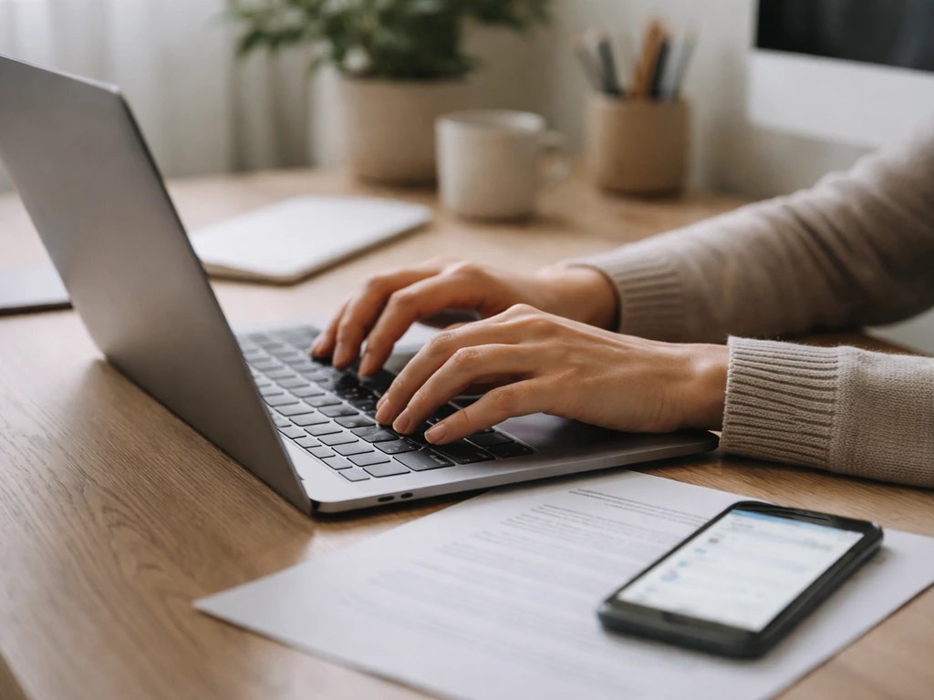 Anonymous hands typing on a laptop with a contract document on the desk and a phone nearby.