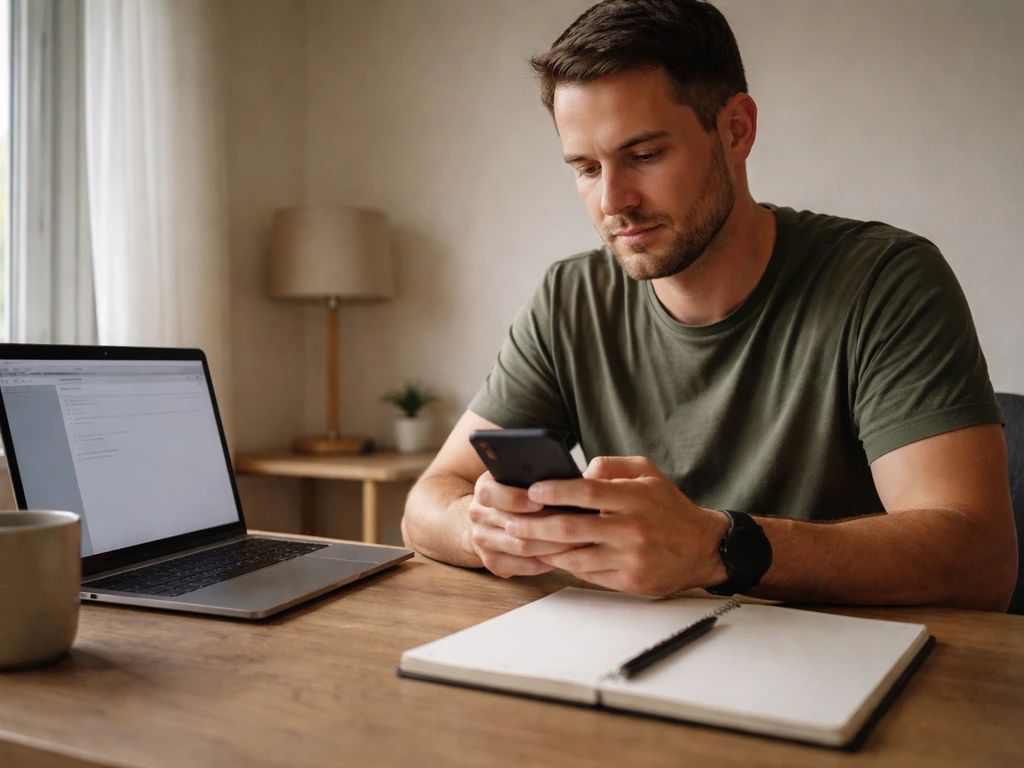 Person calmly reviewing emails and sending a clear status update at a simple desk