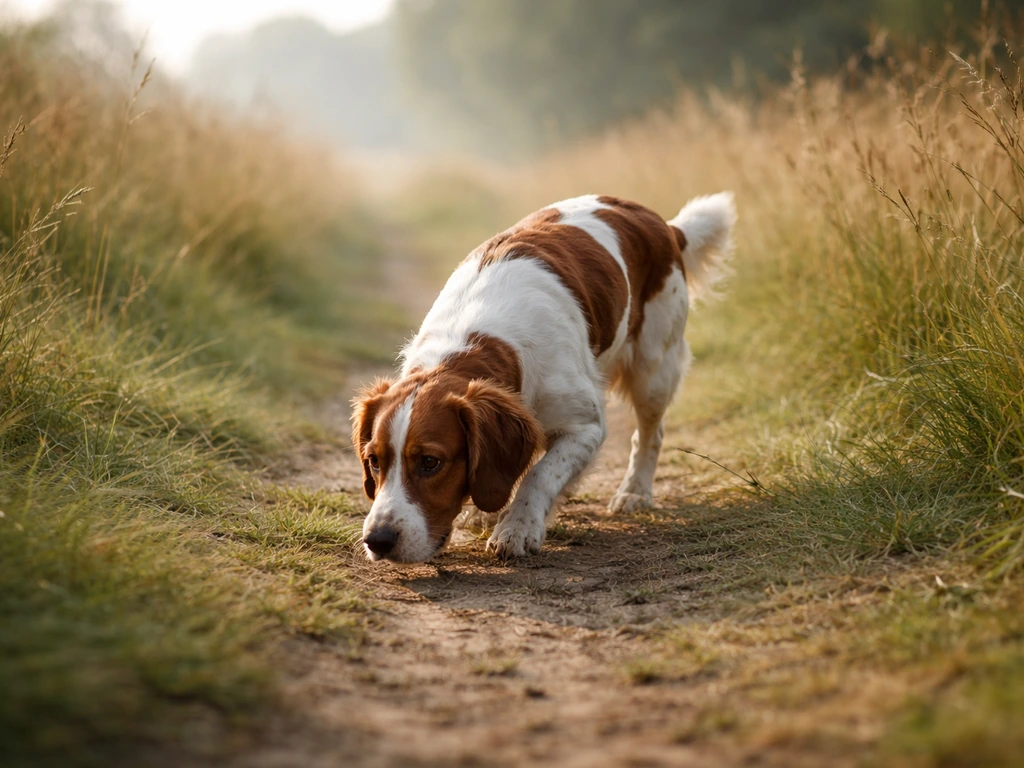 Focused bird dog trotting forward in a grassy field, tracking a scent with persistent intent.