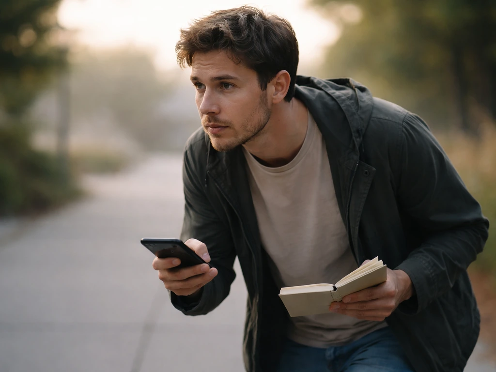 Person in focused investigative posture tracking a distant target with a notebook and phone.