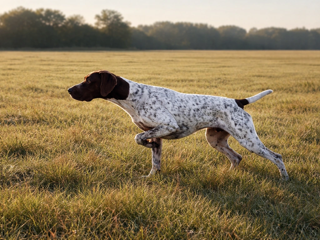 Hunting pointer dog in a classic stance in a grassy field, head raised as if locating game.