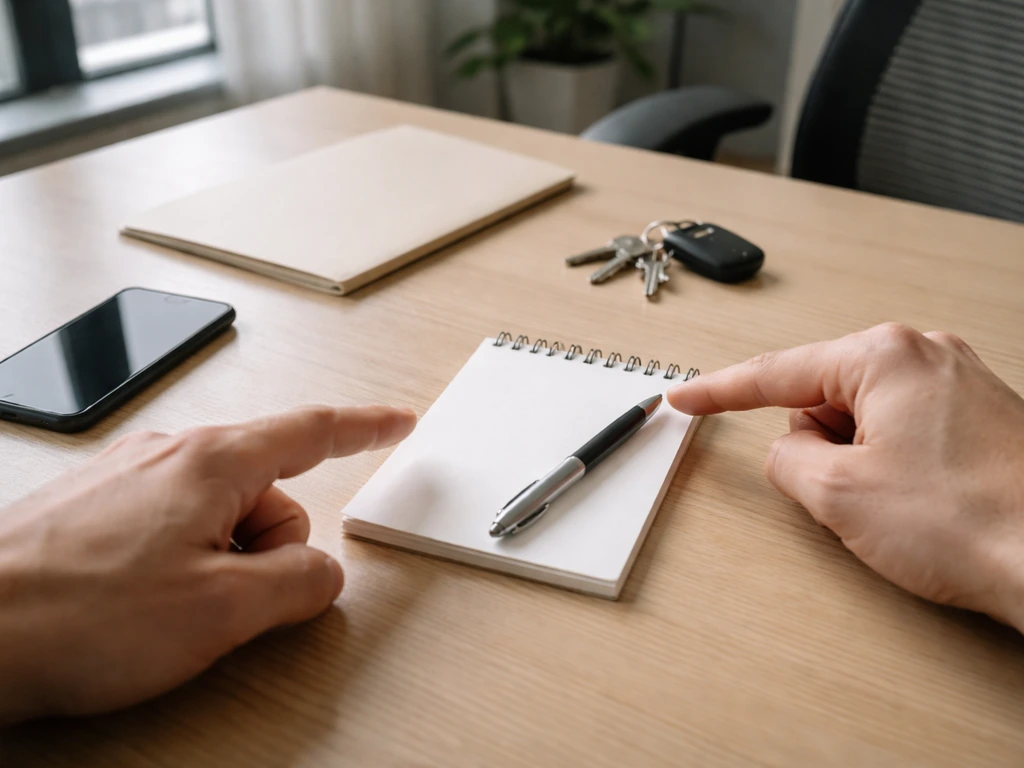 Hands pointing to a blank notepad on a quiet desk, suggesting an instruction to track something closely.