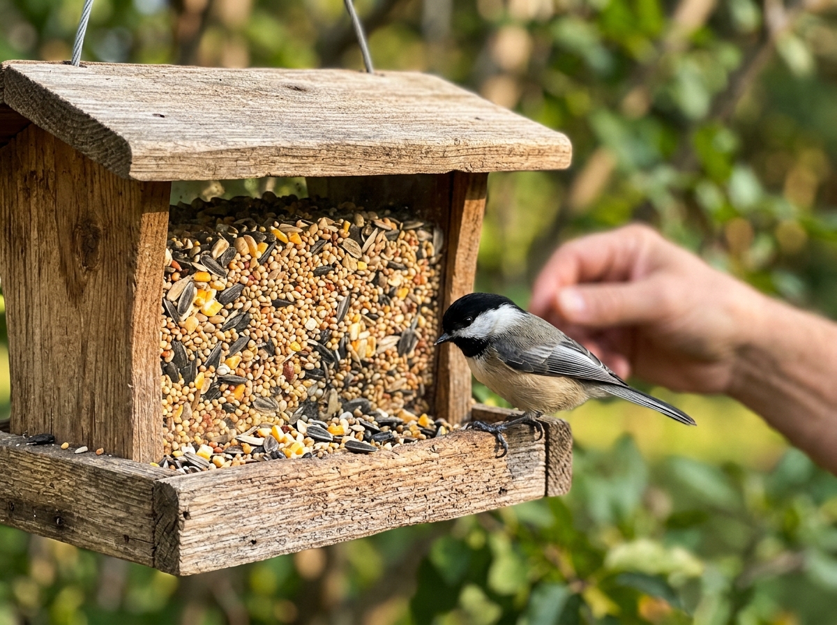 Close-up of a bird feeder with seeds and a person’s hand nearby