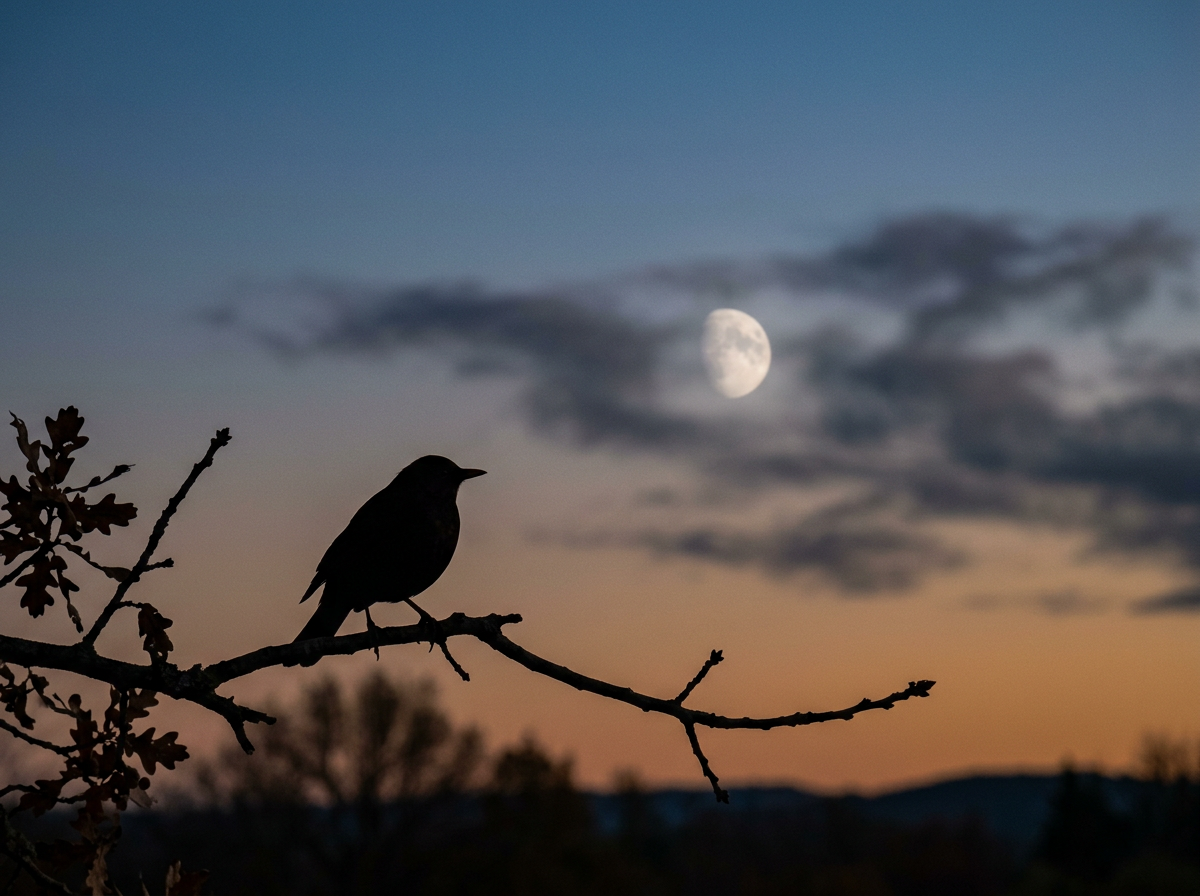 Bird and moon symbolism scene with flowing light