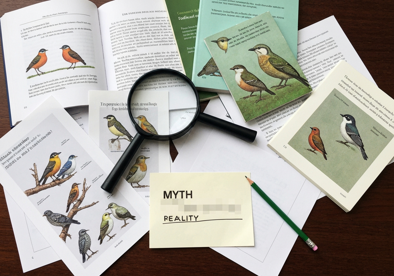 Newspaper clipping-style fact-check pile about bird folklore