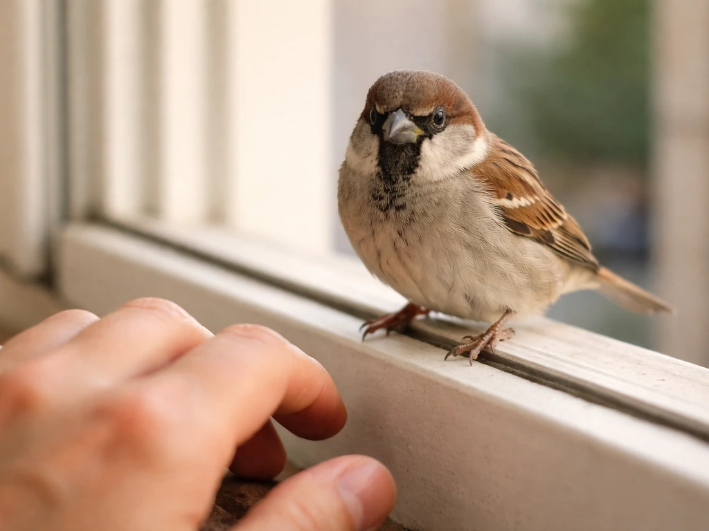 A single sparrow perched on a window ledge inches from a relaxed human hand.