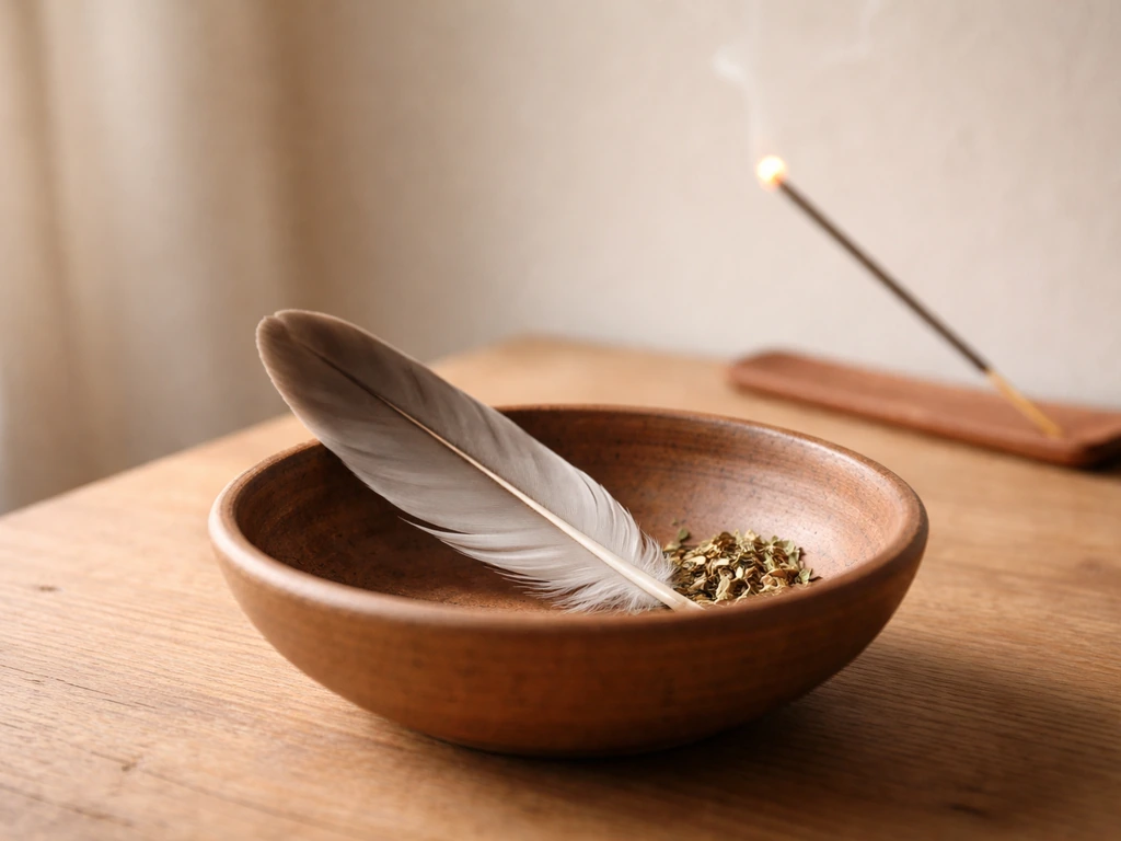 Minimal still-life showing an offering bowl with a single feather and small incense, symbolizing bird sacrifice meaning