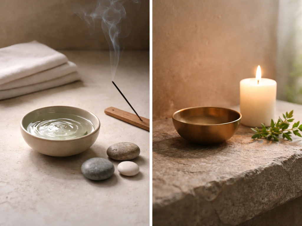 Minimal split scene showing symbolic purification icons on one side and a calm, non-graphic ritual offering setup on the