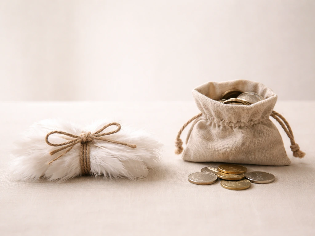 Minimal tabletop still-life with feathers and a small pouch of coins symbolizing traditional practices.