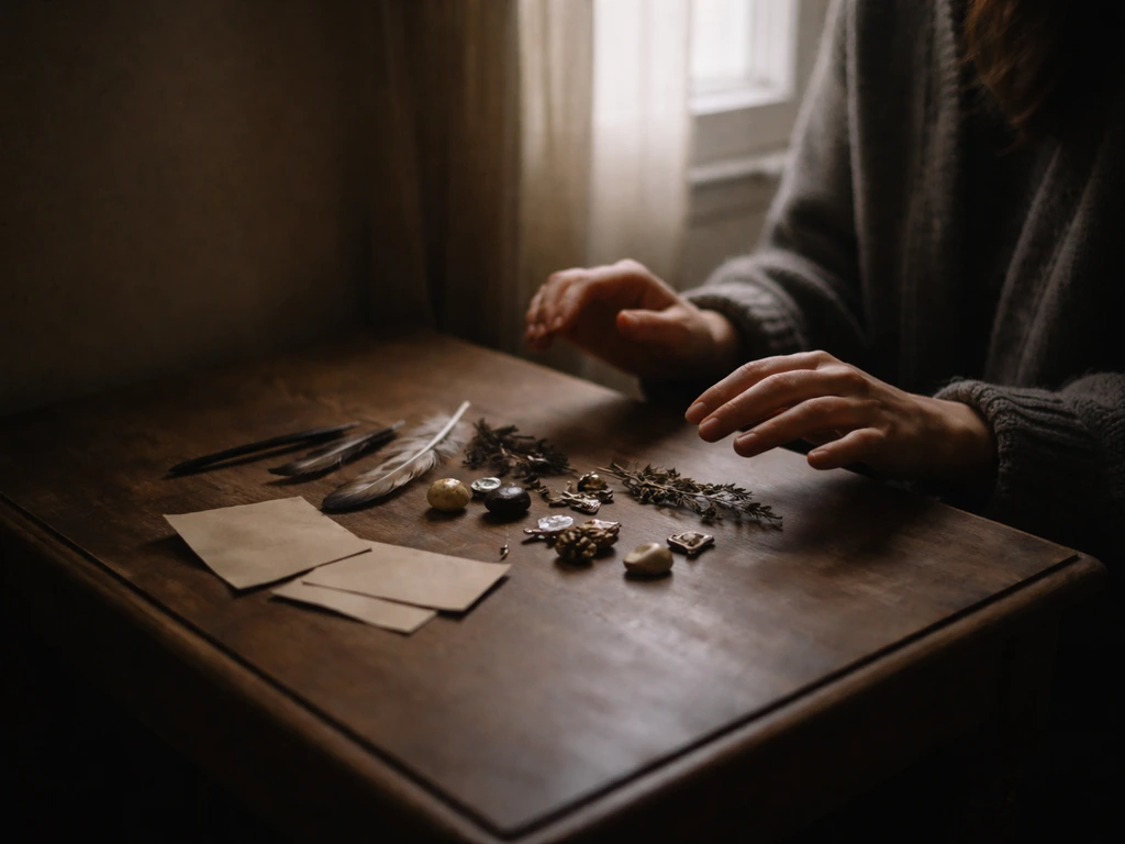 Anonymous person at a wooden table with feathers and charms, quietly consulting omens in dim window light.