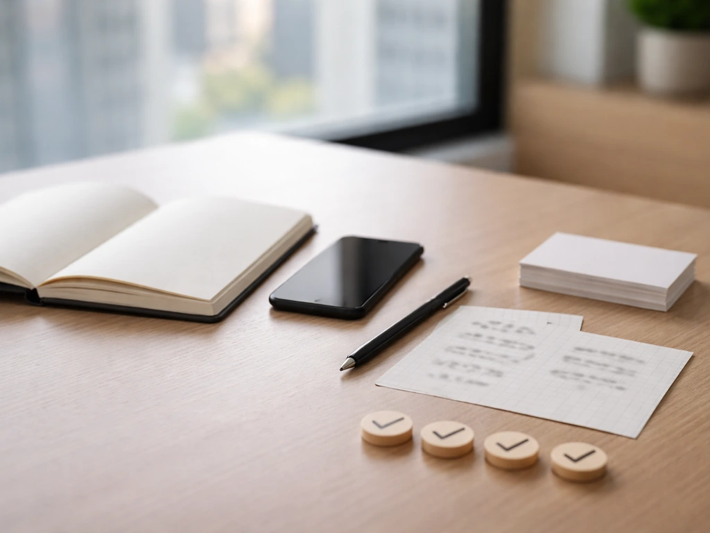 Minimal desk scene with blank checklist cards and checkmark tokens for evaluating facts vs fears.