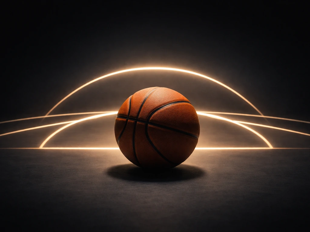 Basketball on a dark surface with glowing arcs suggesting salary-cap thresholds, no text or people.