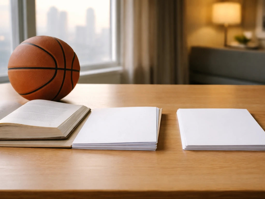Basketball and blank rulebook on a wooden table with contract papers suggesting cap flexibility.