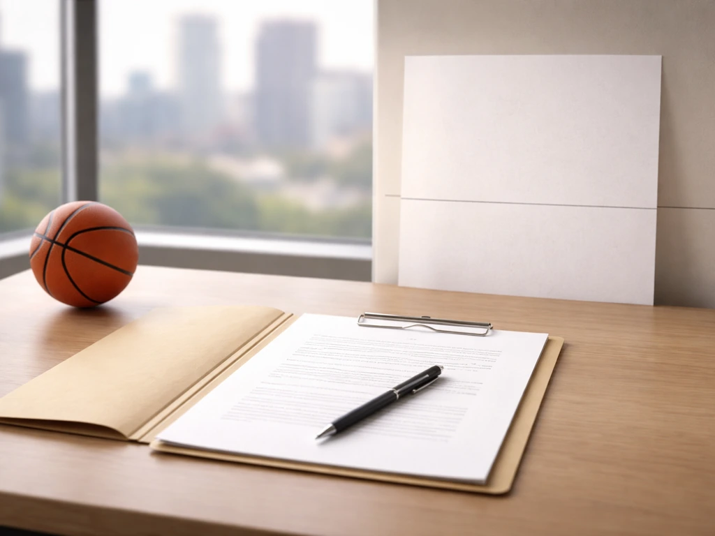 Anonymous front office desk with contract pages and pen, subtle horizontal guideline suggesting a cap threshold.