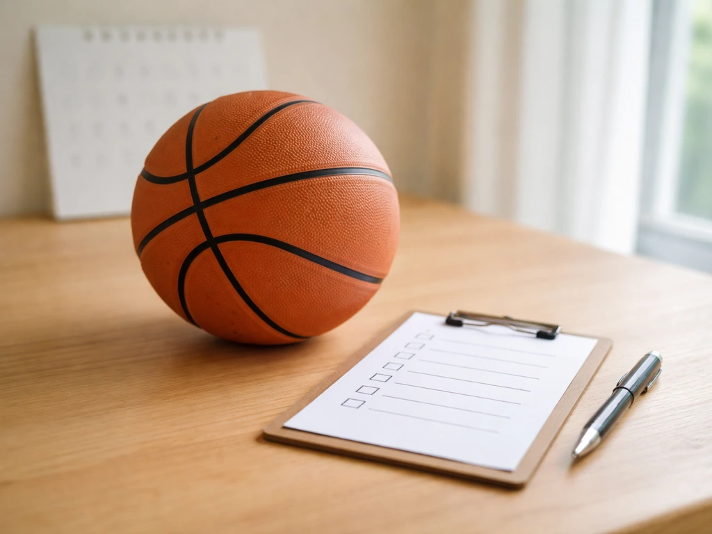 Basketball and blank checklist clipboard on a wooden desk by a window, ready for a quick eligibility check.