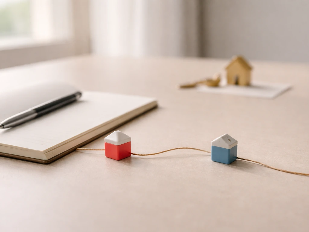 Minimal tabletop with connected tokens, key, and blank notebook symbolizing a deal introduction fee.