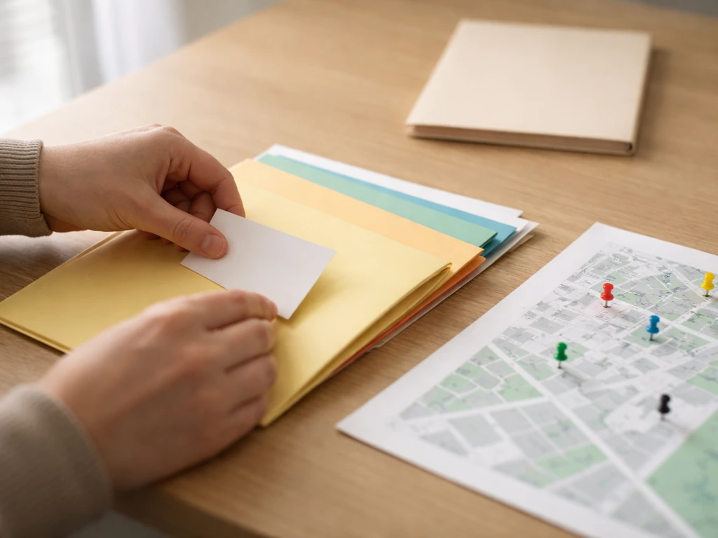Hands moving a small card into an investor folder beside a pinned property map, suggesting a deal handoff.