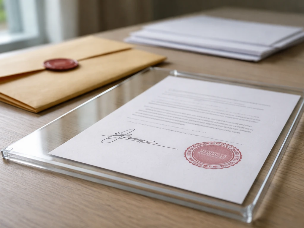 A close-up of signed purchase agreement papers on a desk beside a sealed envelope, implying payment upon closing.