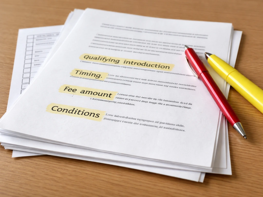 Close-up of printed contract pages with a checklist-style bird dog agreement and red pen marking key fields