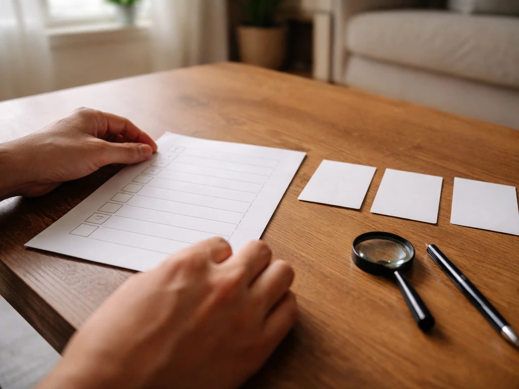 Hands arranging a simple blank worksheet with cards, pen, and magnifying glass on a wooden table.