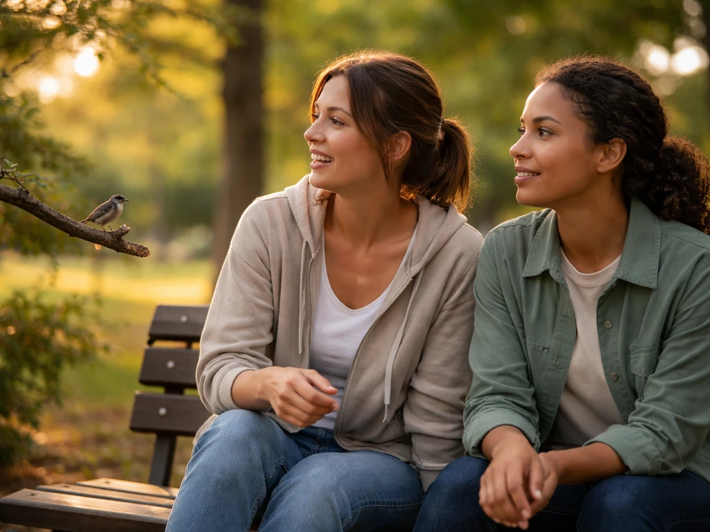 Couple chatting outdoors; one glances toward a nearby bird, showing a simple “meaning-setting” moment.