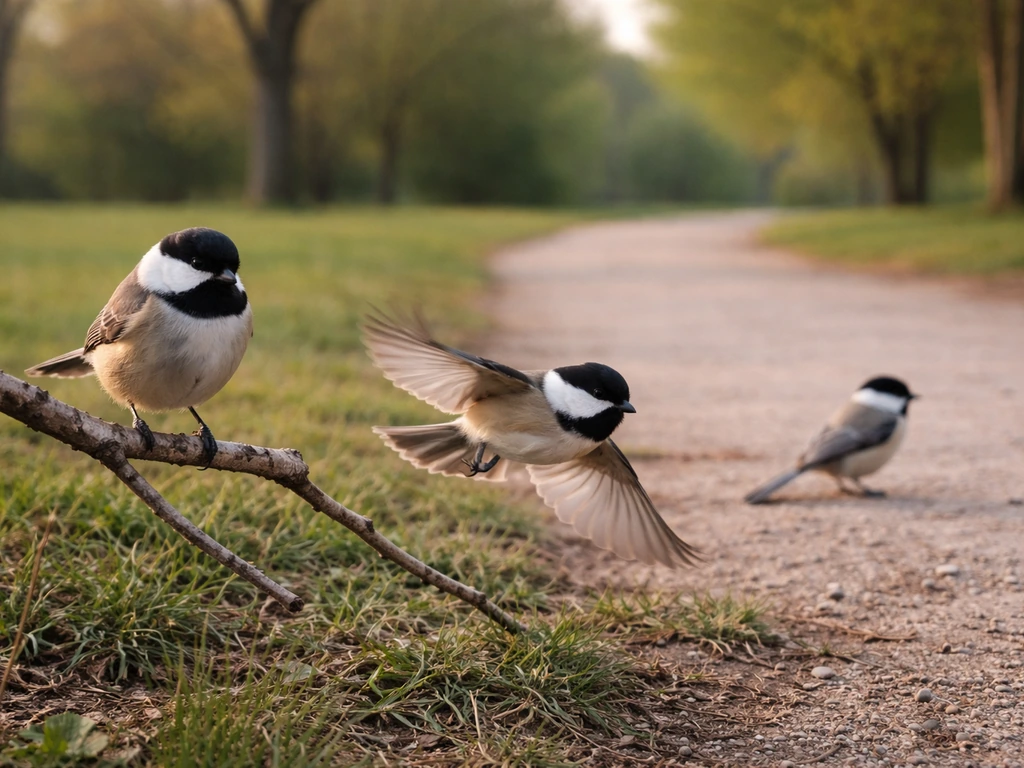 Three moments of a small bird: perched nearby, flying past low, and ignoring from farther away.