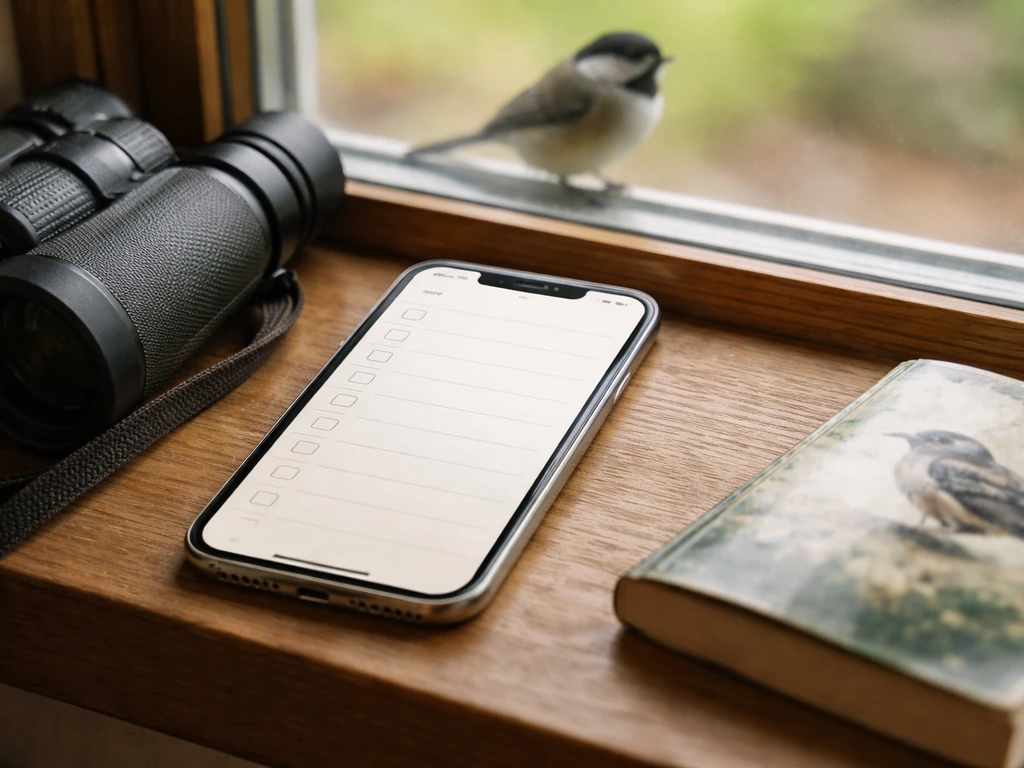 Close-up of a checklist phone next to binoculars and a small field guide, with a bird spotting in the background.