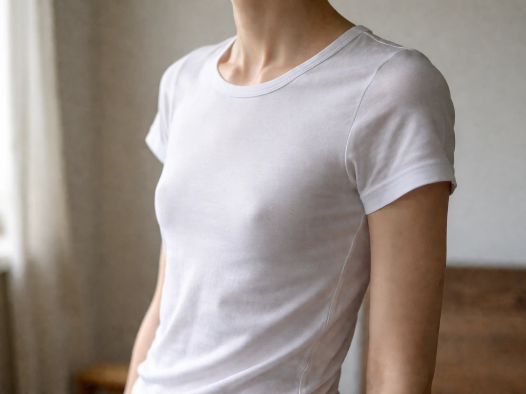 Person in a plain room showing a noticeably flat, bony underdeveloped chest under a fitted shirt.