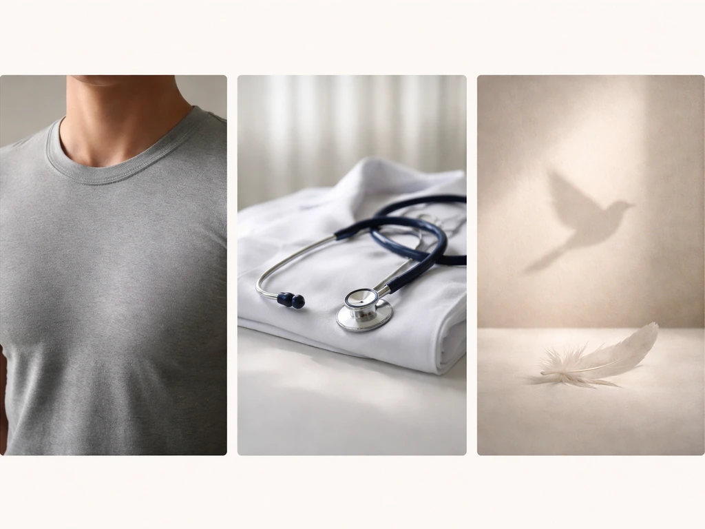 Three minimal side-by-side panels: defined chest look, medical items, and bird feather symbolism.