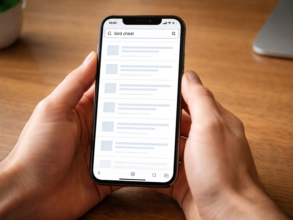 Hands typing a query on a phone showing multiple stacked search results cards.