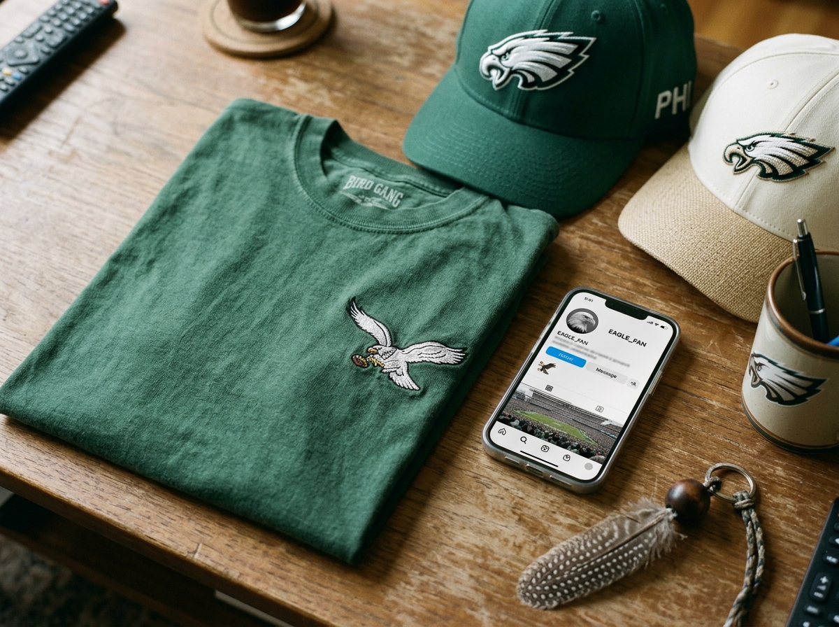 NFL fan merchandise and a phone profile with a bird emoji identity signal