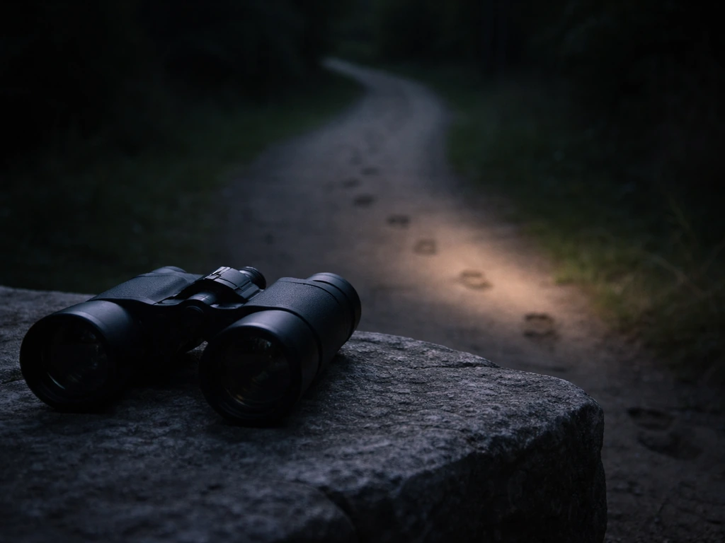 Binoculars aimed at a distant path at dusk, symbolizing close follow and monitoring.