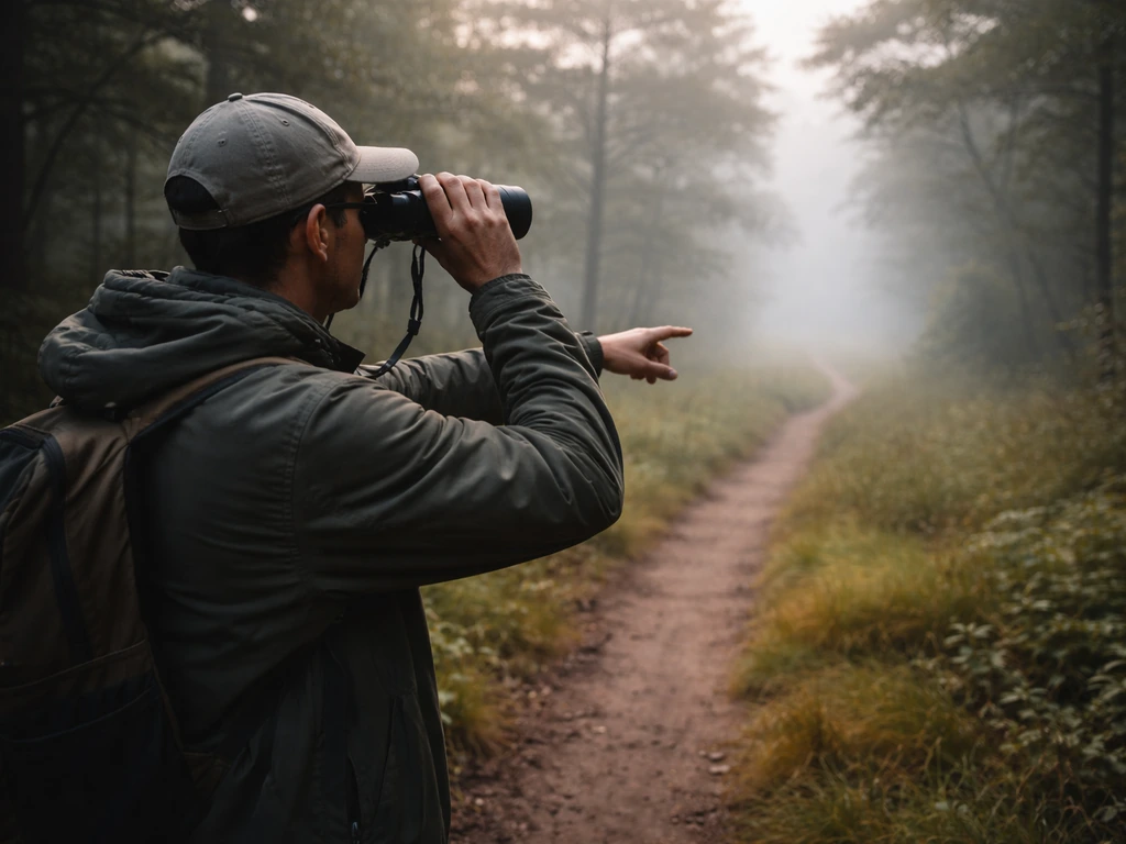 Anonymous person using binoculars while following a path in a quiet outdoor landscape
