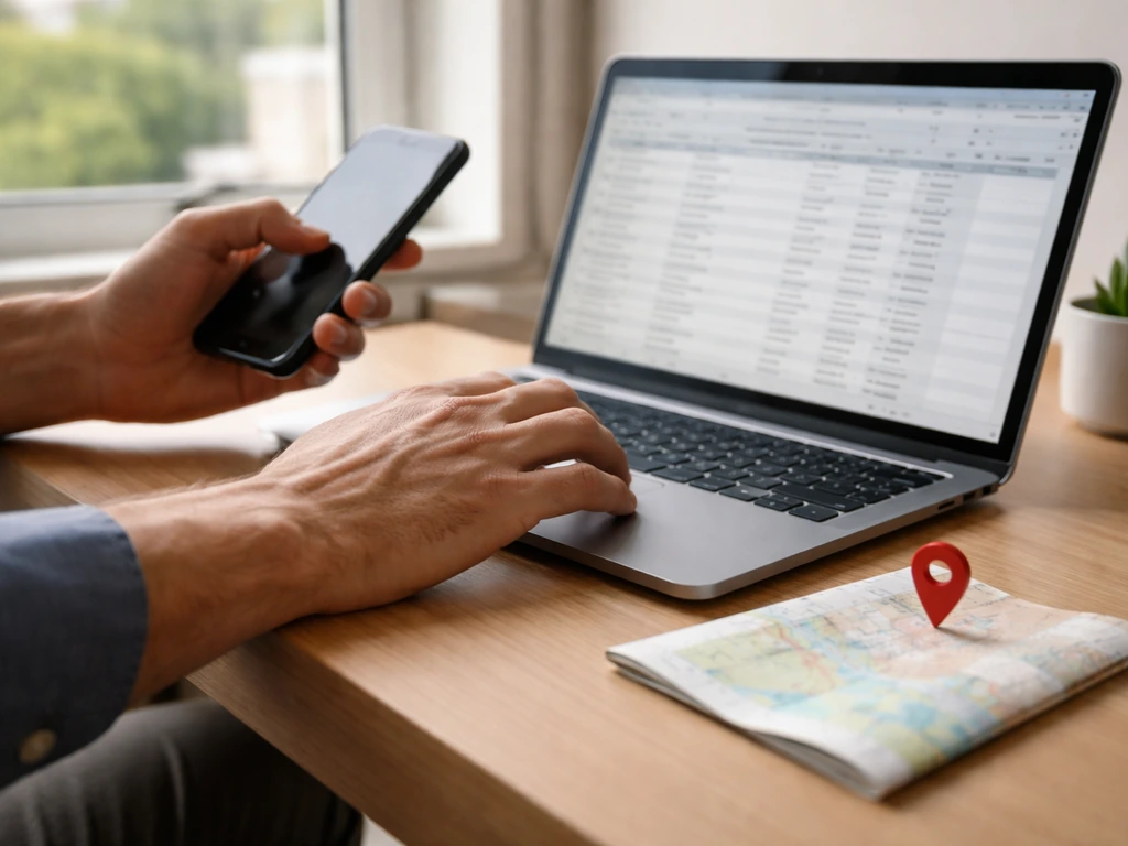 Hands working on a laptop lead list while holding a phone in a quiet real-estate office.
