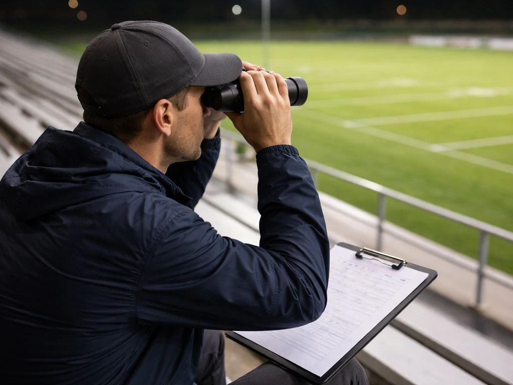 College sports recruiter in stadium bleachers using binoculars while holding a clipboard and score sheet
