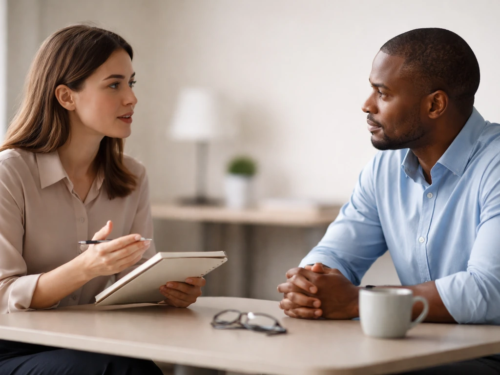 Two coworkers calmly discussing boundaries at a quiet office table, one reviewing a notepad.