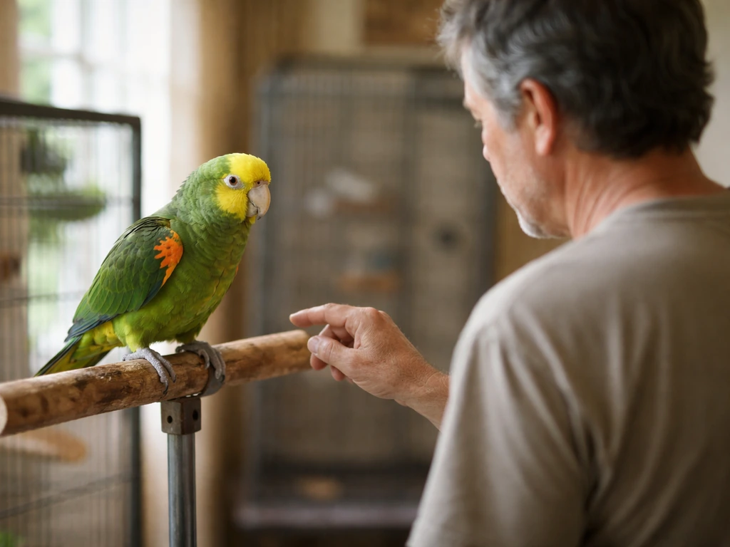 Ken Globus bird trainer gently guiding a parrot on a wooden perch in a quiet indoor setting.