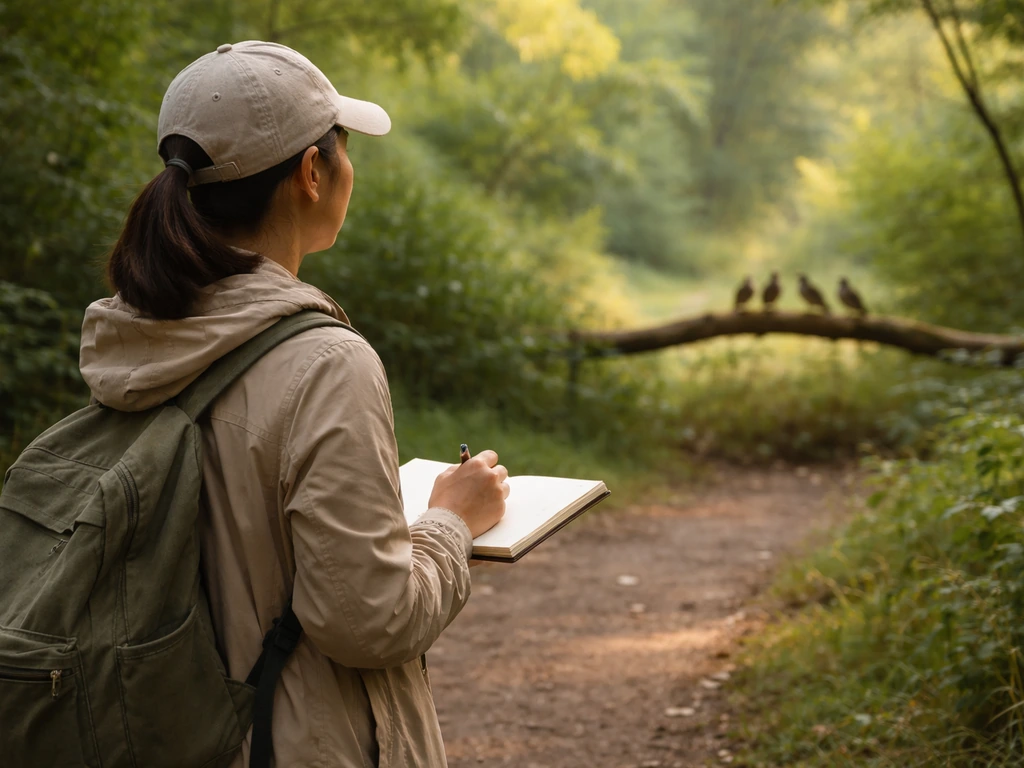 Person journaling outdoors at a distance from birds in a quiet park, calm and respectful.