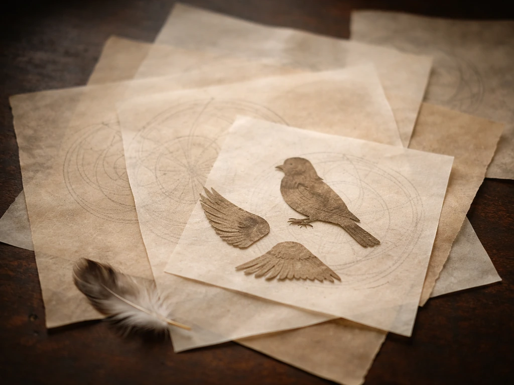 Layered parchment collage with subtle wing and bird shapes suggesting ancient augury symbolism.