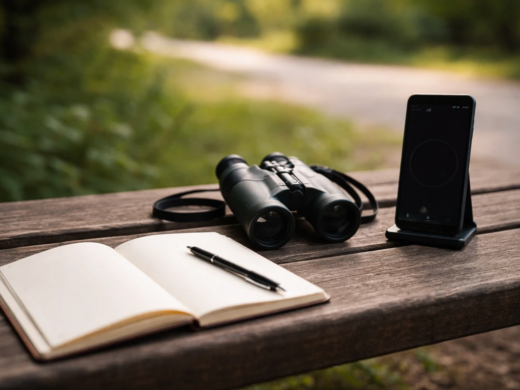 Binoculars, notebook, and phone timer on a bench in a quiet park for bird observation today.