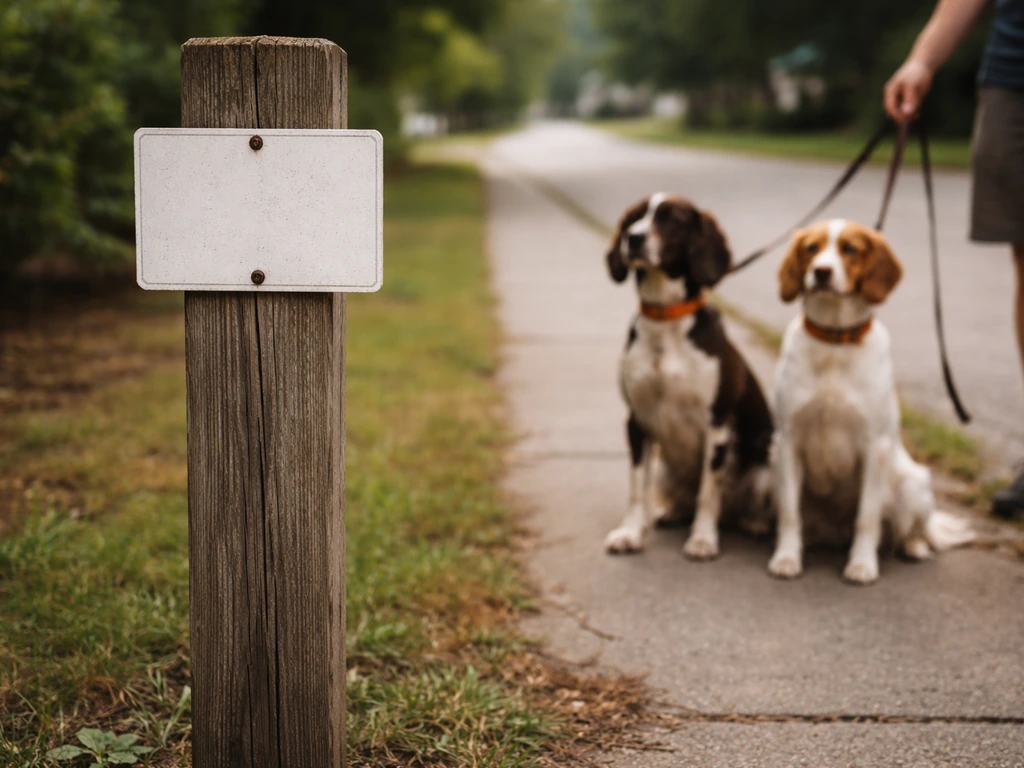 Leashed hunting-style dogs near a small blank rule card/sign on a sidewalk post.