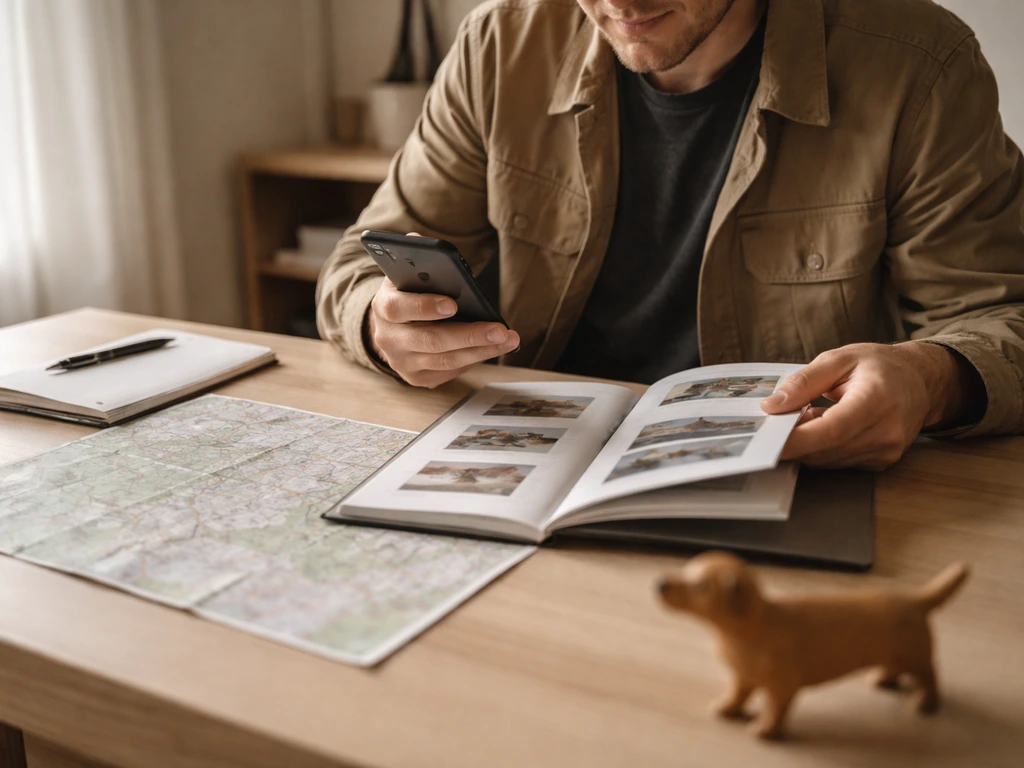 Anonymous real-estate lead scout at a desk with phone and map, suggesting bird-dog scouting figuratively.