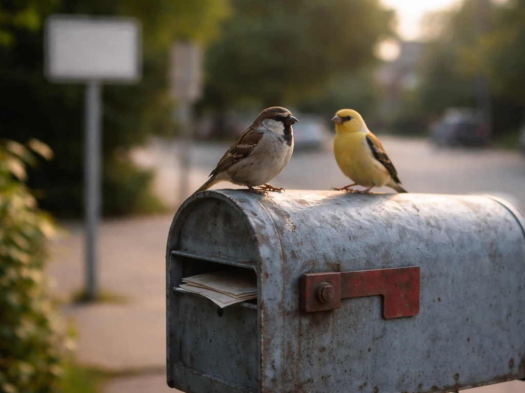 Close-up of small birds perched near a mailbox and sidewalk sign, symbolic and realistic urban nature