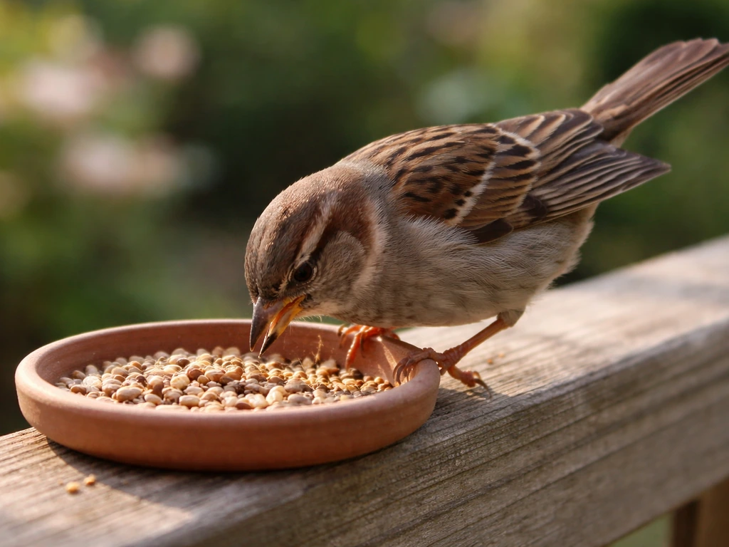 A small sparrow pecking seeds from a shallow dish on a fence rail in soft morning light.